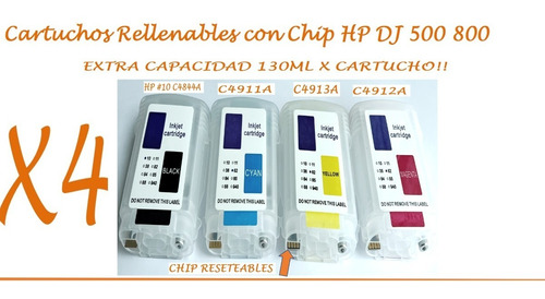 Kit X4 Cartuchos Rellenables Hp 82 Xl 130ml Dj 500 800 Extra