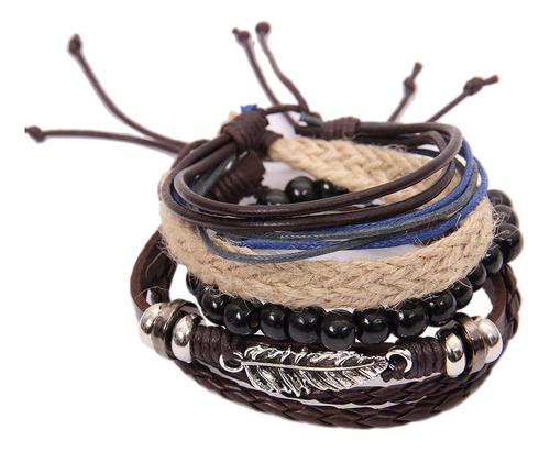 Pulsera S De Aleación De Cuero Con Cuentas En Forma De Hoja,