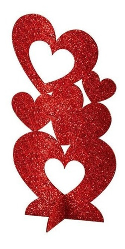 Centro Mesa Mdf Corazones Amor San Valentin Glitter Rojo 3d