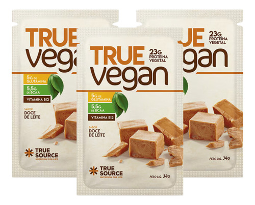 3x Sachê True Vegan Proteína Doce De Leite True Source 34g