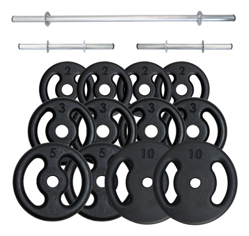 Kit Musculação 50 Kg Com 3 Barras Ocas E Pesos