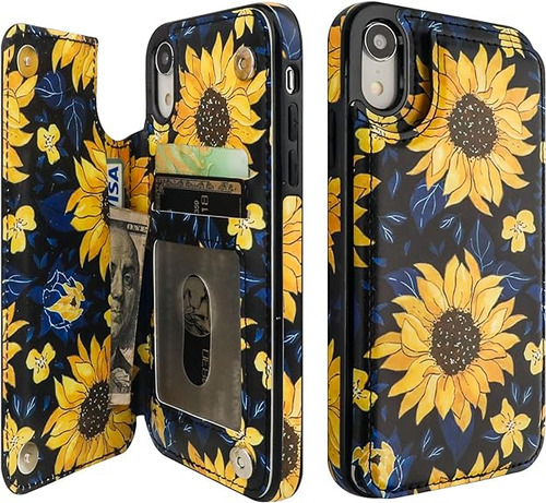 Funda Para iPhone XR Con Tarjetero Y Diseño De Girasoles Flo