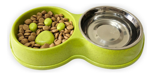 Comedero Lento Doble Bebedero Acero Inoxidable Perros Gatos Verde