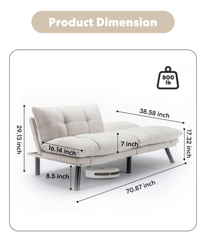 Sofá Cama Futón Convertible De Terciopelo Biplaza Cómodos Crema Blanco Diseño De La Tela