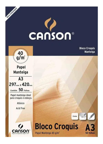 Bloco Croquis A3 Canson Manteiga 41g 50 Folhas Creme