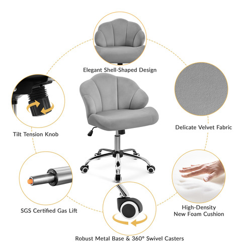 Silla De Tocador Terciopelo Con Ruedas Gris Claro Ajustable