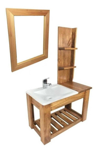 Mueble para baño DF Hogar Colgante con estantes + bacha + espejo de 60cm de ancho, 100cm de alto y 33cm de profundidad, con bacha color blanco y mueble cedro con un agujero para grifería