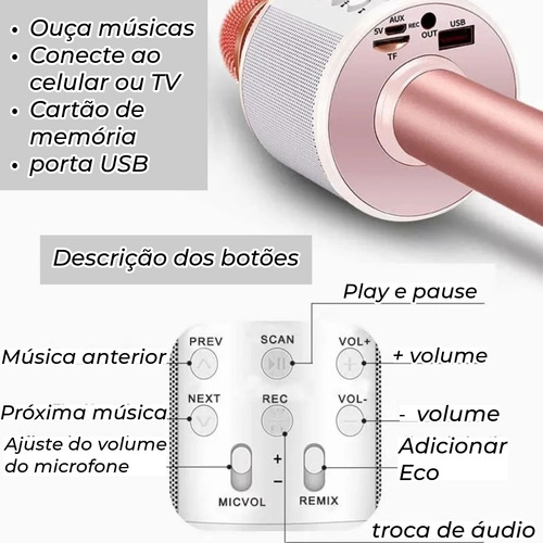Microfone Karaoke Sem Fio Microfone Bluetooth Infantil Cor Preto