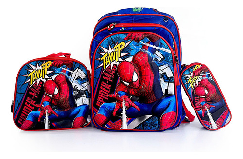 Mochila 3 En 1 Spider Lunchera Lapicera Escolar Esc Araña Hombre Araña