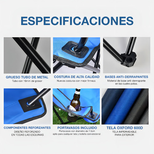 Silla De Campamento, Playa, Camping, Picnic. Portatil Para Exteriores Impermeable Con Fundas 4 Piezas Color Azul