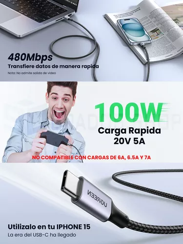 3m Cable Ugreen Usb Tipo C Carga Rapida Pd 100w 3 Metros