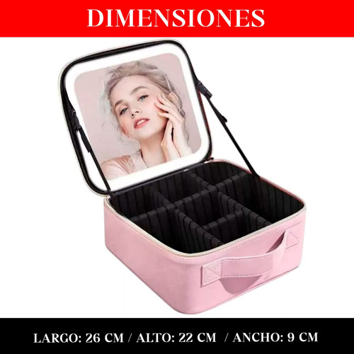 Porta Cosméticos Neceser Con Espejo Led Recargable Usb Rosa Lisa