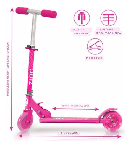 Scooter Rosa Con Altura Ajustable Y Luces Zinc