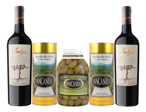 Aceite De Oliva Yancanelo 1l X2 + Aceitunas Verdes + 2 Vinos