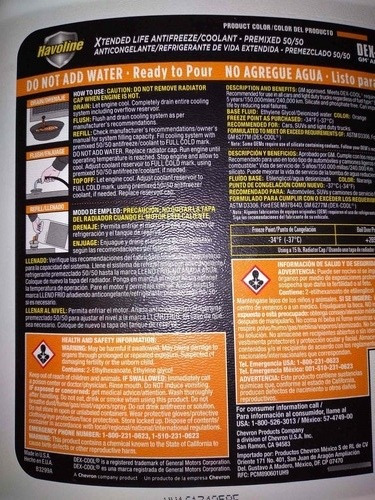 Refrigerante/antifreeze 50/50 Chevron-havoline 3,785 Lt. Usa Naranja