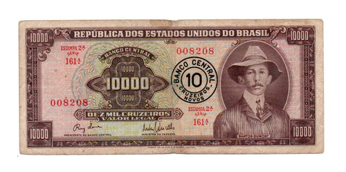 Brasil Billete 10000 Cruzeiros Resellado 10 Cr. Novos P#190