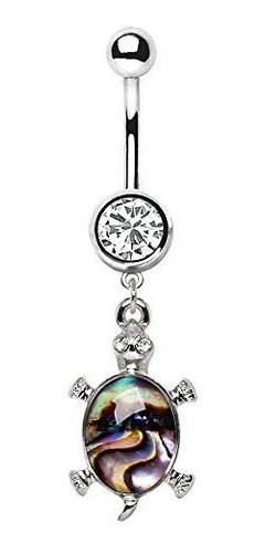 Aros - Teal Abalone Inlay Turtle Dangle Navel Belly Button R