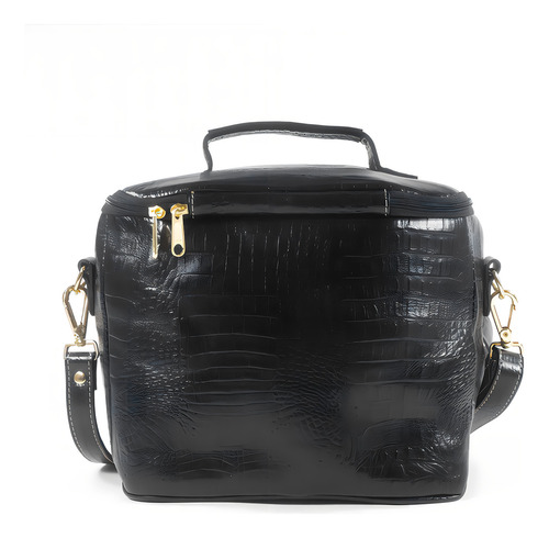Bolsa térmica para mujer, lonchera, piel auténtica, estructura metálica, dorada, color: negro, diseño de tela lisa