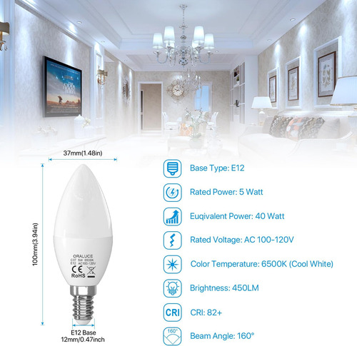 Bombillas Led Tipo Candelabro Oraluce E12, 40 Bombillas