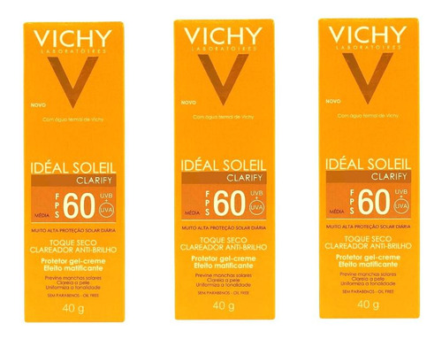 3un Protetor Vichy Idéal Soleil Clarify Fps60 Média 40g Cada