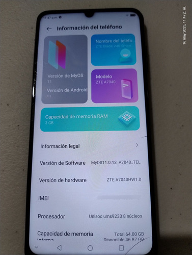 Zte Blade V40 Smart 64gb, 3gb Ram Usado Liberado Azul Oscuro (Usado)