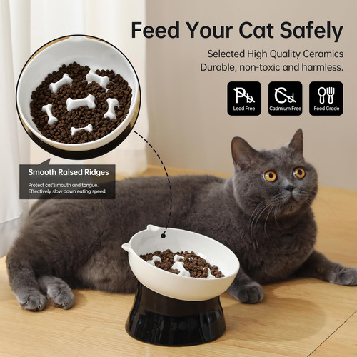 Comedero Lento Para Gatos Ptober, De Cerámica Elevada, Antiv