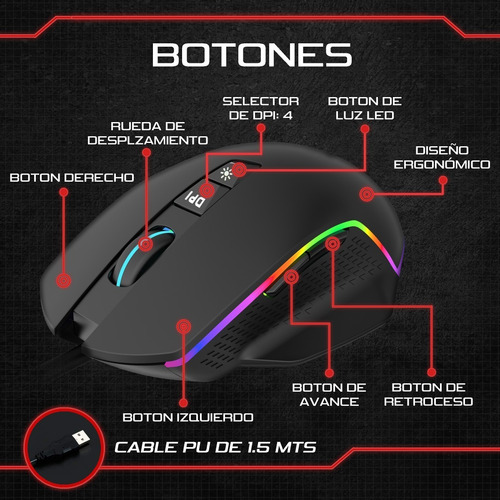 Imagen 4 de 8 de Mouse De Juego Gamer Melon Tifon M100 6400 Dpi Rgb