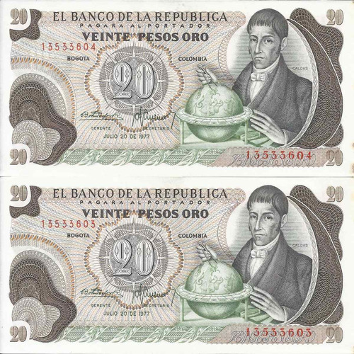 Colombia Dúo Números Consecutivos 20 Pesos 20 Julio 1977