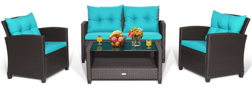 Bhukf 4 Pcs Patio Rattan Furniture Set Glass Table Shelf So.