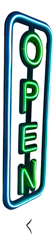 Cartel De Neon Led Open Vertical Comercios Turquesa