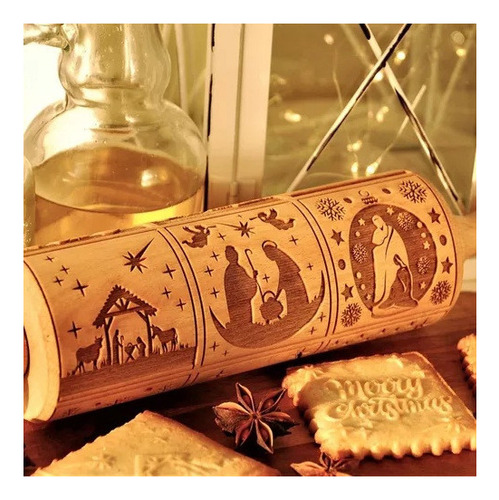 Palo De Amasar Con Relieve Y Diseño De La Natividad/navidad