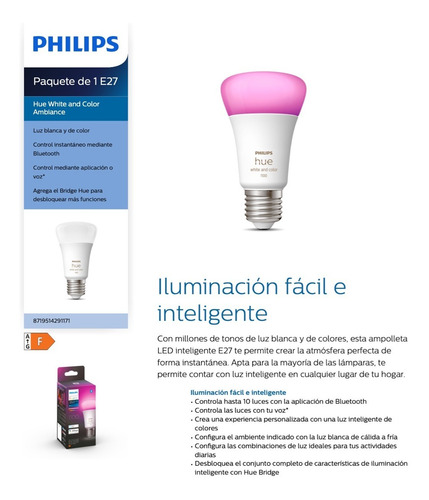 Imagen 7 de 7 de Ampolleta Led Philips Hue 9w E27 Colores Bluetooth Y Zigbee