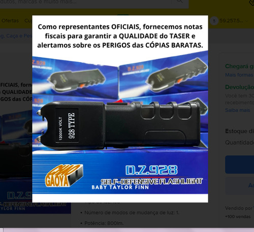 Taser De Choque Dz 928 Luz Orig Profissinal 12000vts Potente Branco Preto
