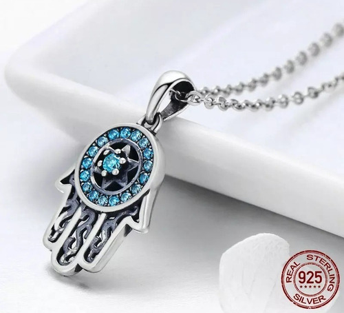 Imagen 5 de 5 de Collar Mano De Fátima Plata 925 Suerte Energia Mujer Azul