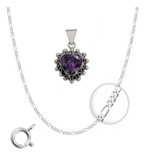 Collar Corazón Barroco Morado Plata Fina 925