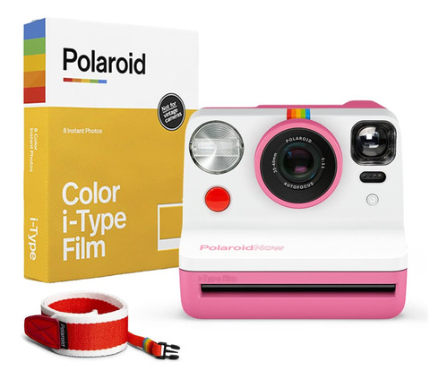 Cámara instantánea Polaroid Originals Kit Now + color I-type (8 Exp) + correa roja rosa