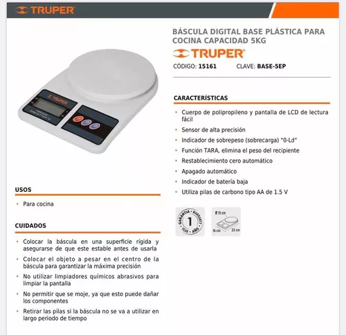 Balanza digital para cocina, capacidad de 5kg Truper 15161 | Oechsle