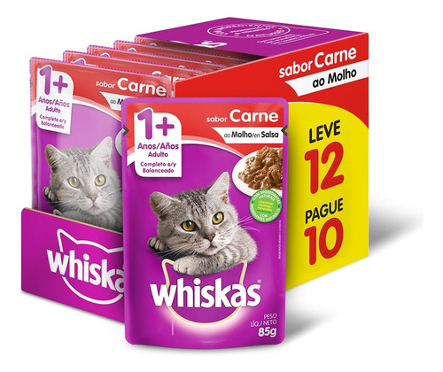 Caixa Whiskas Carne Adulto Ao Molho 12 Sachês 85g 