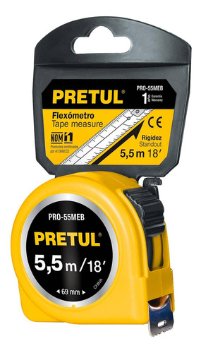 Flexometro Amarillo 5.5m Cinta 25mm En Tarjeta Pretul Pro-55
