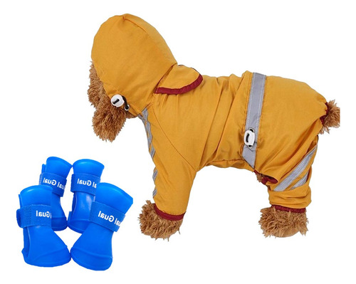 Small Dog Raincoat Rain Boots Set Hooded And Four Leg P...