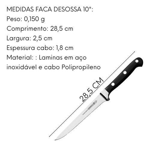 Faca Chef Kitchen Desossa Inox N10 Afiada P/ Peixe Carne Cor Preto/Inox