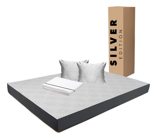 Colchón Matrimonial En Caja 15cm + Juego Sábanas Y Almohada Blanco Con Gris