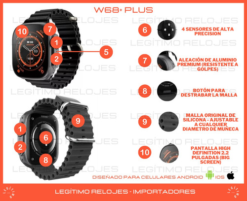Imagen 3 de 10 de Smartwatch W68+ Ultra Sport Reloj Inteligente Deportivo Orig