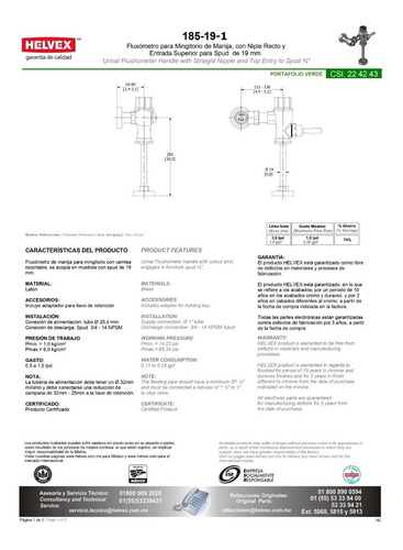 Fluxometro Para Mingitorio Helvex Modelo 185-19-1