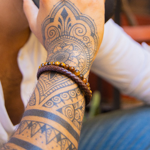 Imagen 3 de 10 de Pulsera Piedra Brillante Cuero Hombre,mujer Cafe