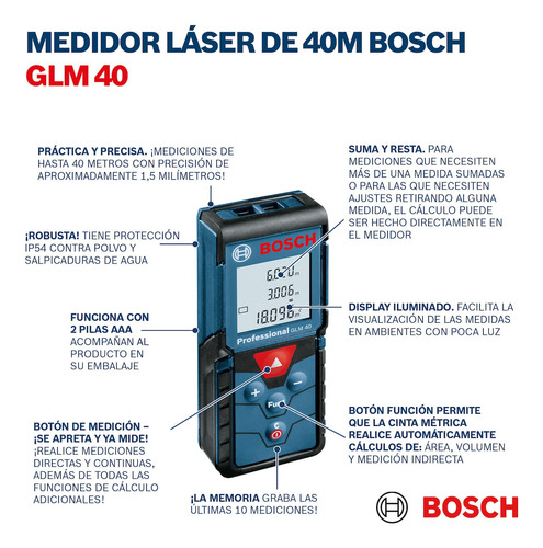 Medidor Laser De Distancia 40 Metros Glm 40 Bosch 6010729000
