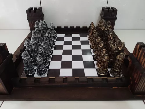 Jogo de Xadrez Medieval Rústico Coleção Temático Peças Chess Set Tabuleiro  Preto Branco Grande