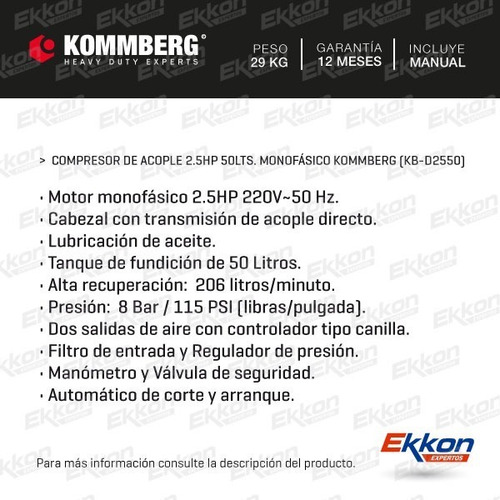 Imagen 2 de 8 de Compresor De Aire 50 Lts 2.5hp Ekkon + Kit X 5 +envio Gratis