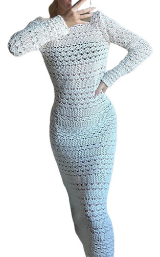 Vestido De Mujer Elegante Elástico De Color Sólido Crochet C