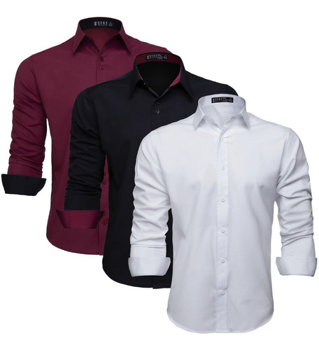 Kit 3 Camisa Manga Longa Masculina Camiseta Social Slim